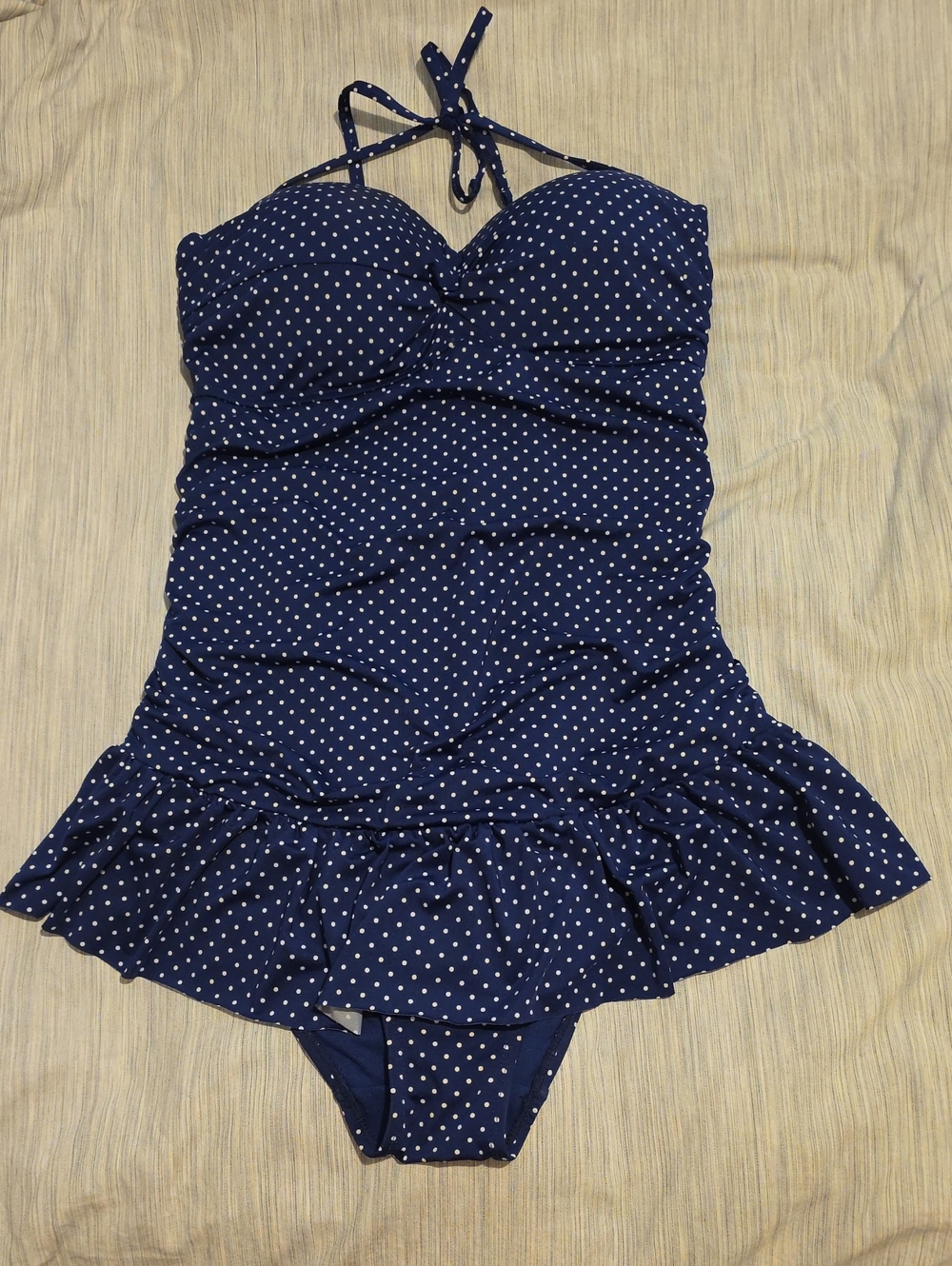 La Vie En Rose Navy Polka Dot Halter Swimdress - XL